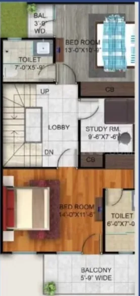 AB Crimson Villa — Floorplan showing two bedrooms, two toilets, lobby, study room, and balcony with dimensions.