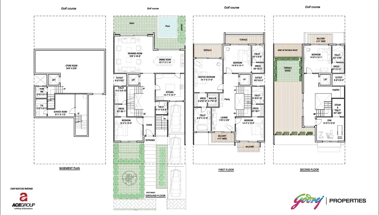 Godrej Crest golf-course-facing villa floor plans across basement, ground, first and second floors with pool and lawn.