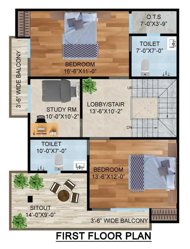 Jamston Metro Villas — First floor plan showing two bedrooms, a study room, two toilets, a lobby/stair area, a sitout, and balconies.