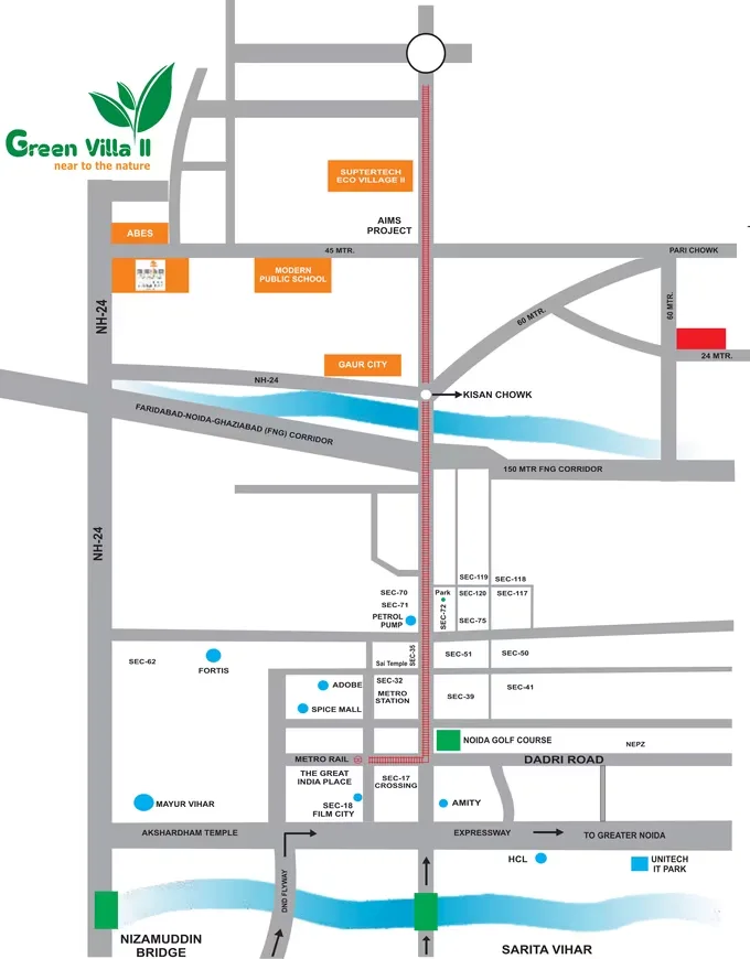 Kingson Green Villa 2 — Location map for Green Villa II showing nearby landmarks, roads, and metro stations in Noida and Delhi NCR.