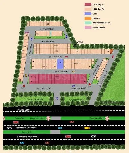 Siddhi Metro Villas — Site plan showing plot layouts, internal roads, amenities like club, temple, badminton court, and table tennis. Main road infrastructure, service lane, and proposed metro also vi