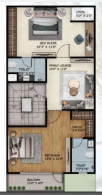 Paradise Palm Villa — Floor plan showing two bedrooms, two toilets, a family lounge, a balcony, and an open area.
