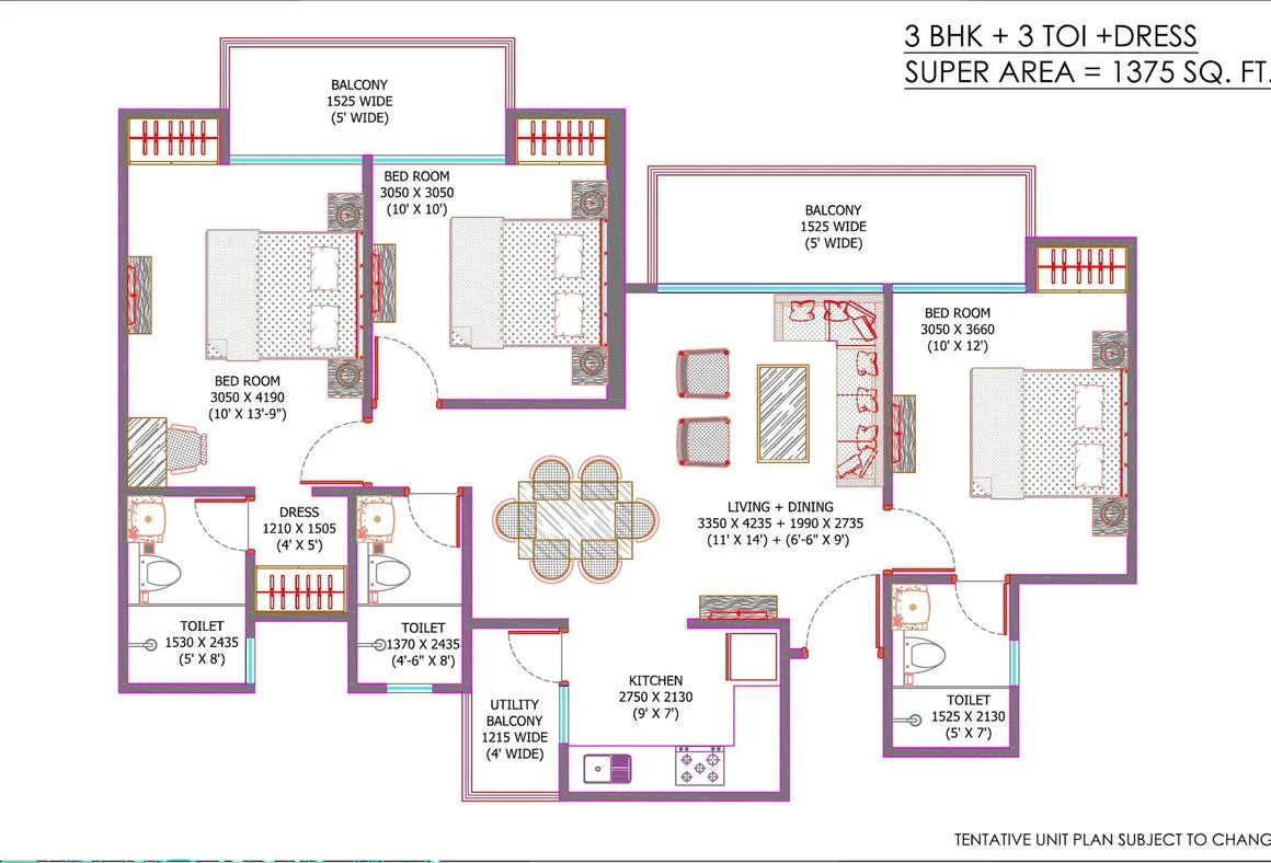 Ajnara Sports City Villas — Floor plan for a 3 BHK unit with 3 toilets and a dressing area, super area 1375 sq. ft.