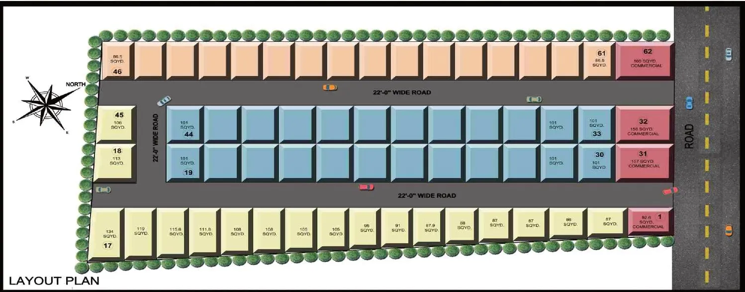 Divine Residency layout plan with three plot rows and commercial plots on the road edge