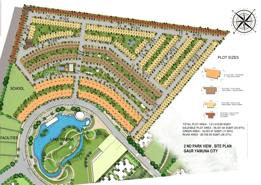 Gaur Yamuna City location map on the Yamuna Expressway with drive-time table to Delhi, Noida, Pari Chowk and Noida International Airport (Jewar).
