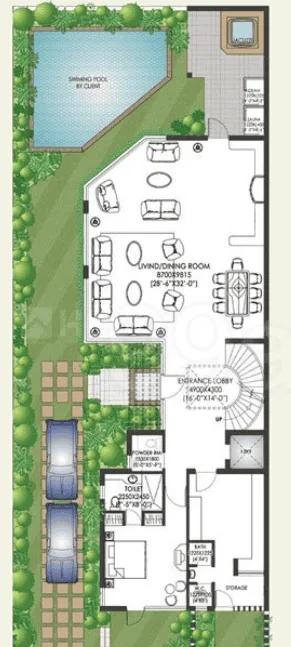 Jaypee Greens Villas — Floor plan showing layout of a villa with living/dining room, entrance lobby, toilet, bath, storage, swimming pool and parking.