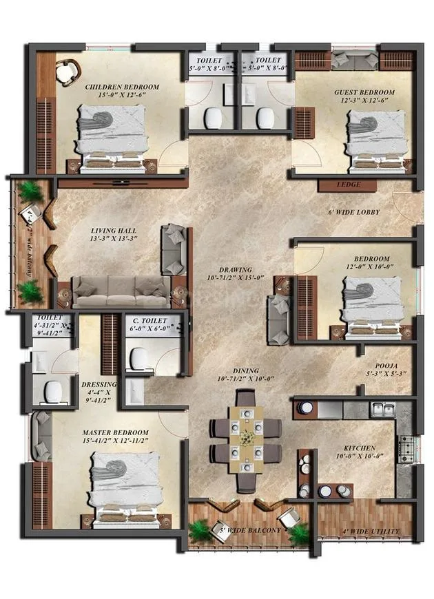 Shivi Grand Avenue Villa — Floorplan illustration of a 3-bedroom unit with master, children's, and guest bedrooms, living hall, dining, kitchen, Pooja, and balcony areas.
