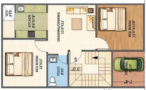 Aalyam Upvan Villas — Floor plan illustration showing two bedrooms, kitchen, drawing/dining area, toilet, QTS, parking, and staircase.