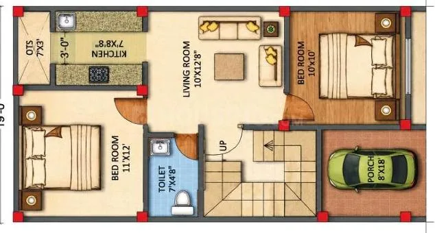 Aalyam Upvan Villas — Floorplan drawing of a 2BHK residence with living room, kitchen, two bedrooms, two toilets, a porch, and an OTS.