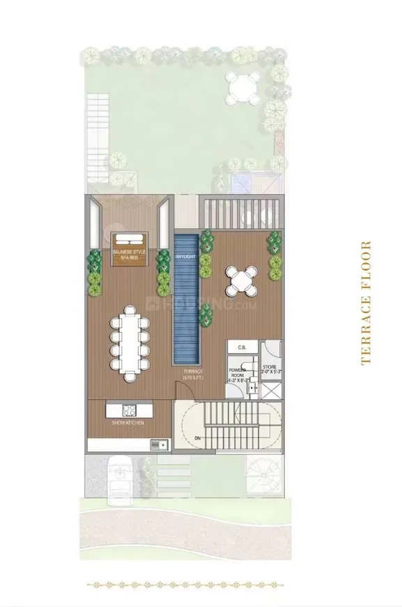 Rise Resort Residence Villa — Floor plan of a terrace level with outdoor dining, kitchen, store, powder room, and stairs leading down. Has a garden area.