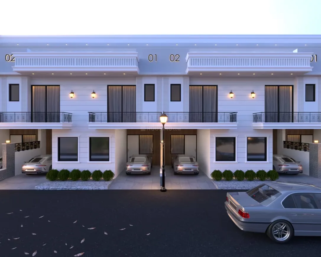 Rudransh Green Vista — A 3D render of a row of modern villas with white facades, balconies, car parking, and a street in front.