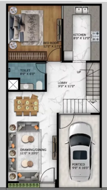Paradise Krishna Vatika Luxurious Villas — Floorplan drawing showing a bedroom, kitchen, toilet, lobby, drawing/dining area, and portico with dimensions.