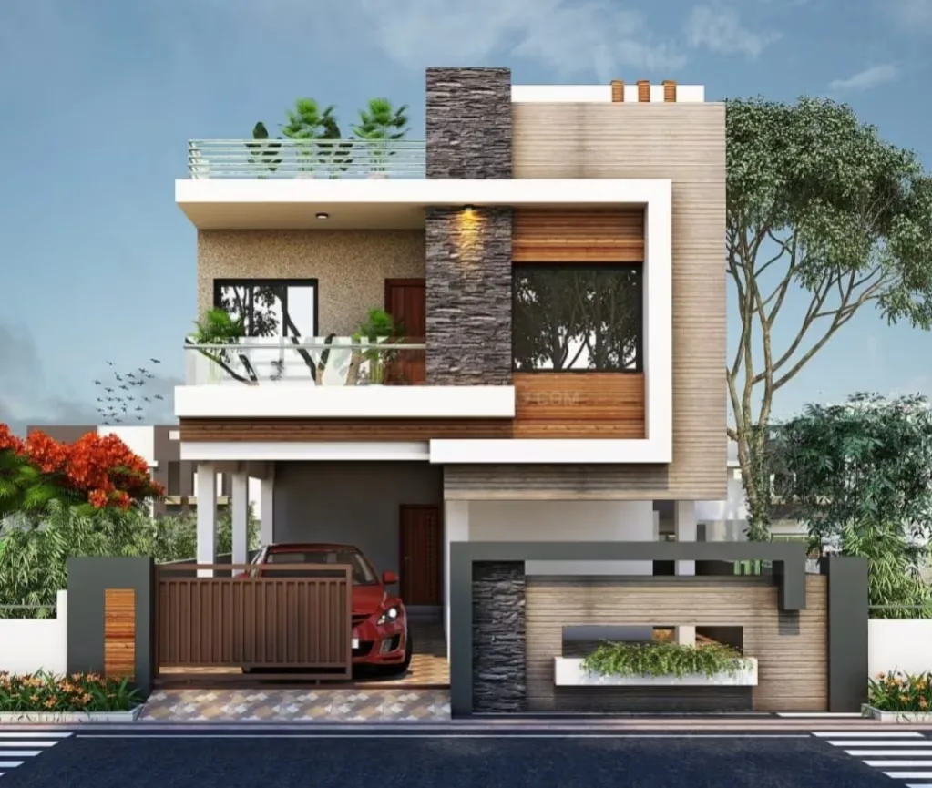 Mudgal Ved Gokul Dham — Modern two-story villa render with textured stone and wood paneling, balcony, car porch, and stylish boundary wall.