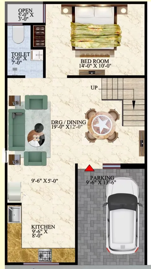 IBP Windsor Valley — Floor plan of a residential villa with kitchen, dining, living room, bedroom, toilet, and parking, showing dimensions.