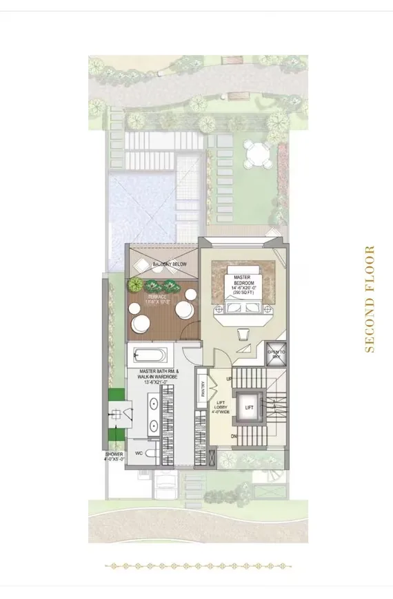Rise Resort Residence Villa — Floor plan illustration for the second floor of a residential villa with master bedroom, bathroom, lift, terrace, and balcony