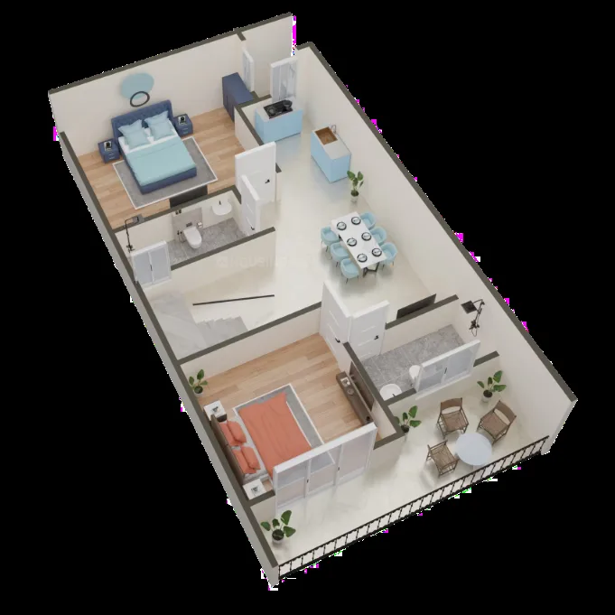 County Villa — A 3D floor plan showcasing two bedrooms, a kitchen, a dining area, and a balcony on two levels.