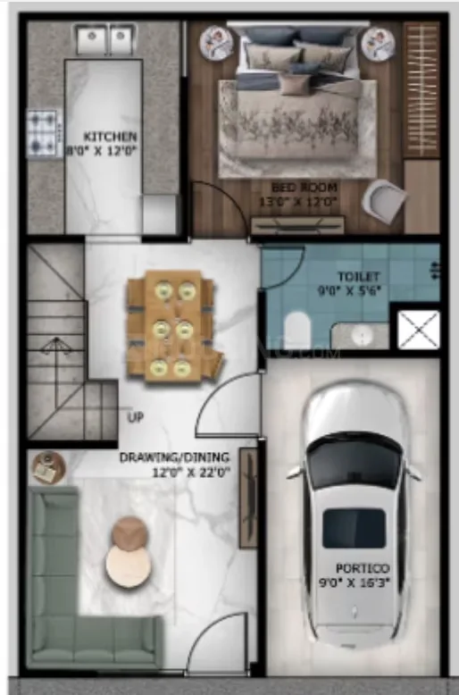 Paradise Krishna Vatika Luxurious Villas — A floor plan rendering showing a kitchen, bedroom, toilet, drawing/dining area, and portico.