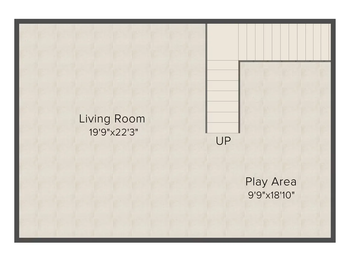 Supertech Holiday Village — Floorplan showing a living room measuring 19'9"x22'3", a play area measuring 9'9"x18'10", and stairs going up.