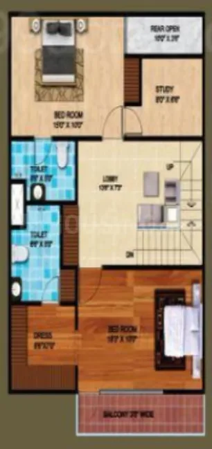 AKJ Real Infra Novel Valley — Floorplan illustration of a residential unit with multiple rooms labeled including bedrooms, study, lobby, and toilets.
