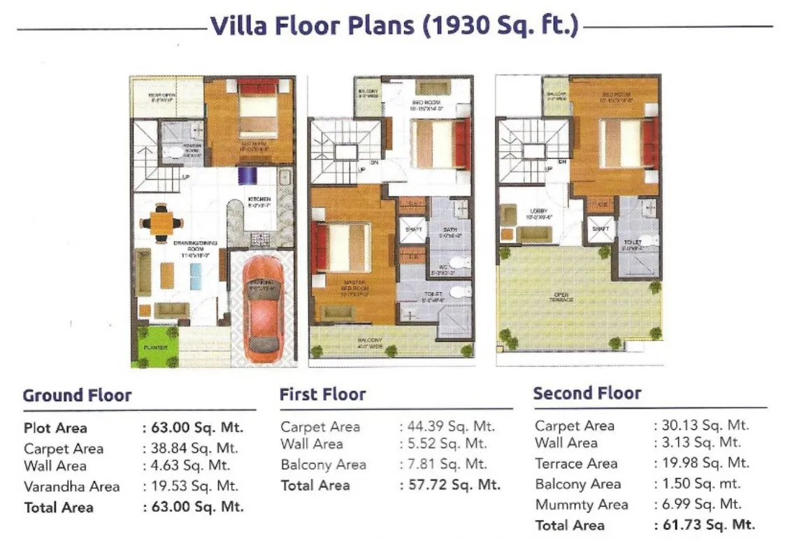 Lotus Srishti 1930 sq ft floor plan showing ground floor, first floor and second floor across a 63 sq m plot.