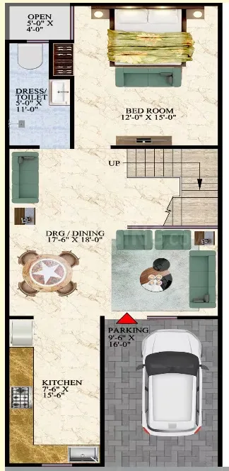 IBP Windsor Valley — Floor plan rendering showing a bedroom, bathroom, kitchen, living/dining room, open space, and parking.