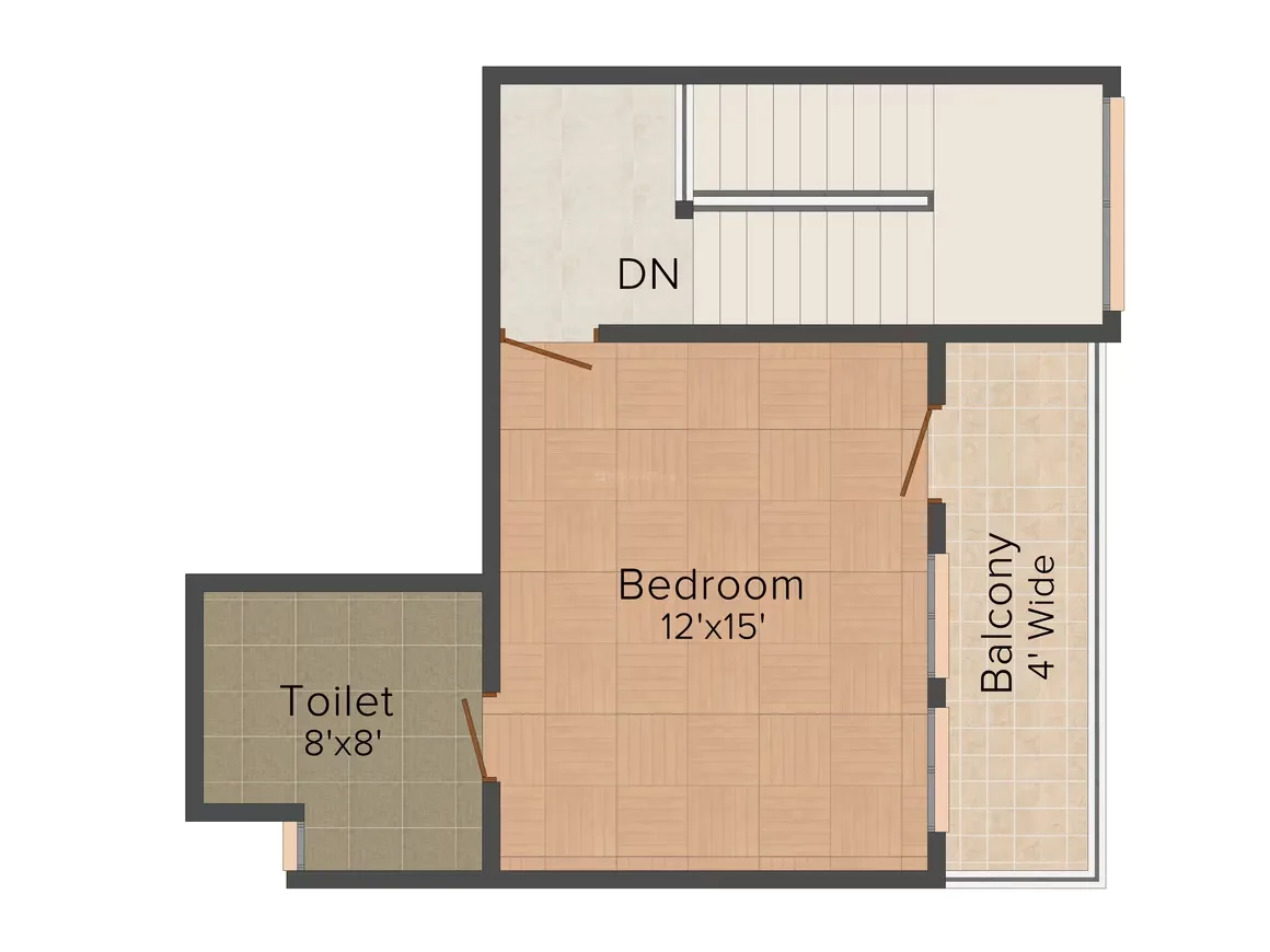 Supertech Holiday Village — Floor plan showing a bedroom (12'x15'), a toilet (8'x8'), a balcony (4' wide) and stairs going down (DN).