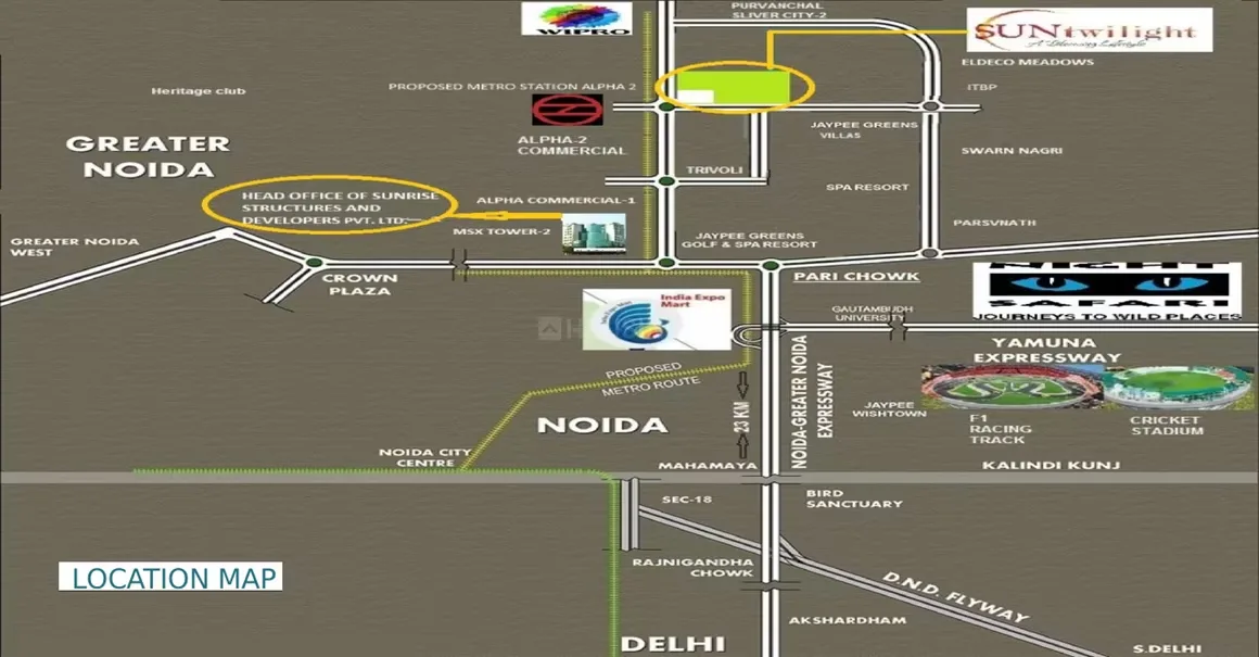 Sunrise Suntwilight Recreational Phase 1 — Location map showing Greater Noida, Noida, and Delhi, highlighting roads, metro routes, and landmarks.