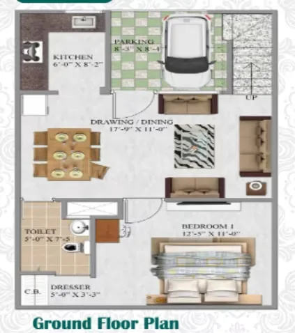 Shri Aroma Villas 2 — Ground floor plan of a villa showing 1 bedroom, kitchen, drawing/dining area, toilet, dresser, and parking.