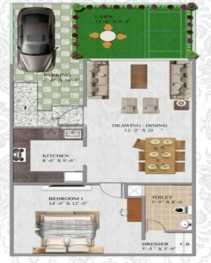 Shri Aroma Villas — Floor plan of a villa unit showing parking, lawn, kitchen, bedroom, toilet, dresser, drawing/dining area.