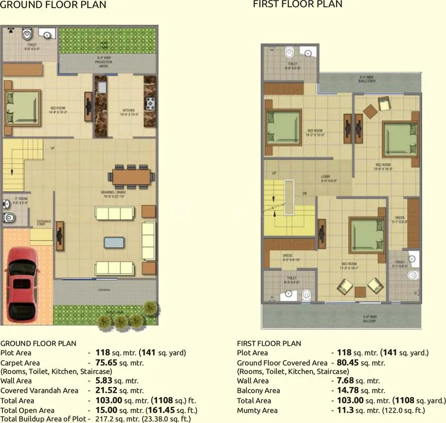 Gaurs 2nd Park View — Ground and first floor plan for a villa unit, showing room layouts and dimensions in square meters and feet.