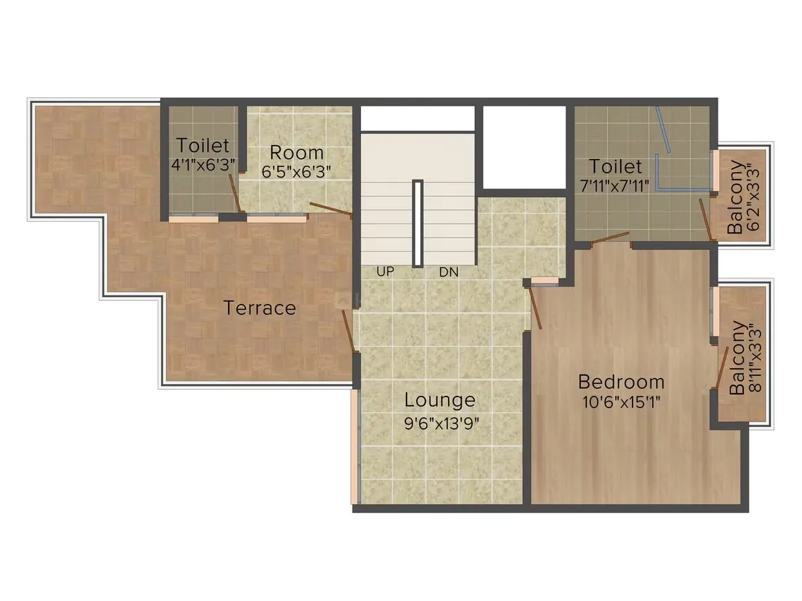 Jaypee Sportsville — Floor plan showing a terrace, toilet, room, lounge, bedroom, and two balconies with dimensions.