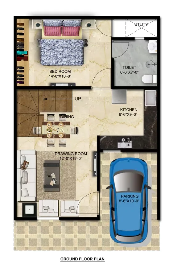 THV Vihaan Villa — Ground floor plan showing a bedroom, toilet, kitchen, dining area, drawing room, and parking space.