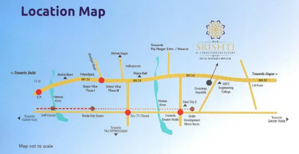 Lotus Srishti location map on NH-24 Crossings Republik with Akshardham, Mayur Vihar, Gaur City 2, Crossings Republik, ABES College and metro route.