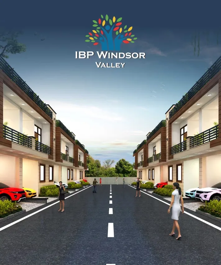 IBP Windsor Valley — 3D render of a residential street with rows of modern villas, people walking, and cars parked.