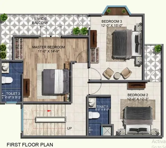 Rohin City Site Villa — First floor plan of a villa showing master bedroom with balcony, two additional bedrooms, and two toilets.