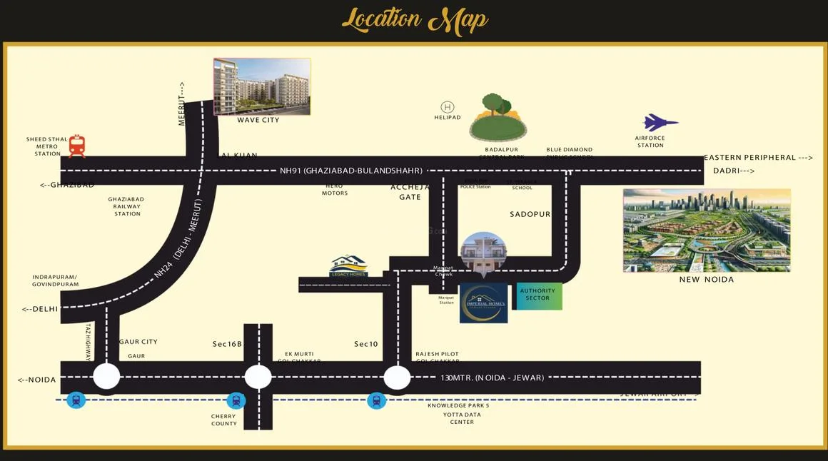 Trivor Imperial Homes — Location map of a residential project showing roads, metro stations, railway stations, airports, and nearby cities