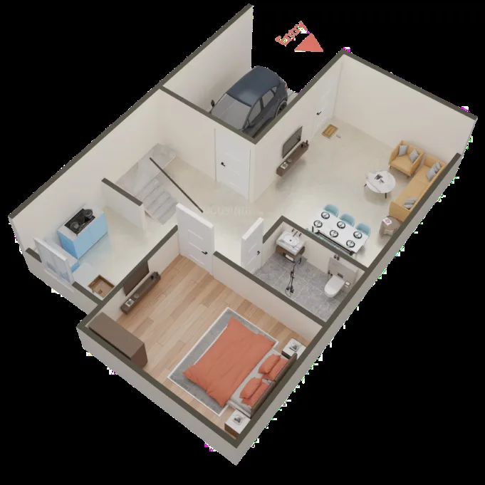 AKJ Real Infra Novel Valley — 3D render of a villa's ground floor plan showing a living room, dining area, kitchen, bedroom, and car parking space.