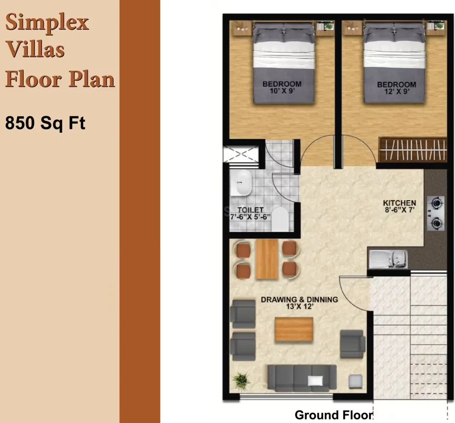 Aayansh Enclave — Floor plan for a simplex villa showing two bedrooms, kitchen, toilet, and drawing & dining area. Ground Floor.