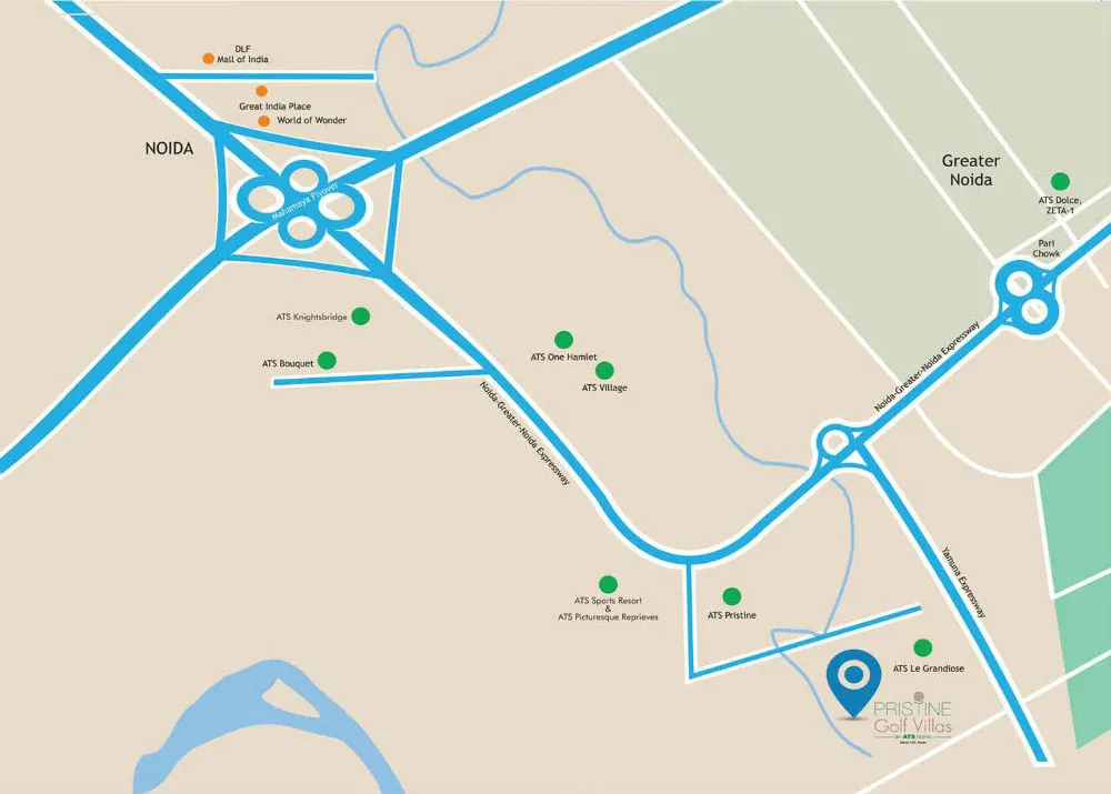 ATS Pristine Golf Villas location map along the Noida-Greater Noida Expressway near Sector 150 with adjoining ATS townships marked.