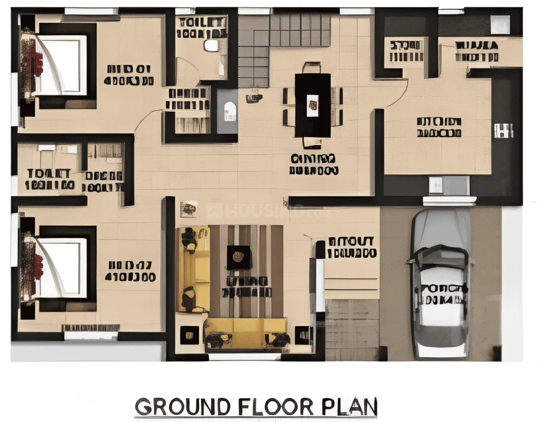 Shivi Grand Avenue Villa — Ground floor plan of a residential villa showing two bedrooms, living room, dining area, kitchen, and car parking.
