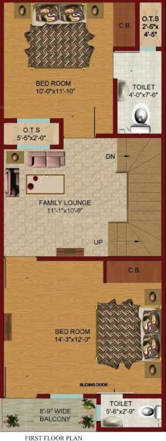Global Prime Villas — First floor plan with two bedrooms, two toilets, a family lounge, two O.T.S. areas, and a wide balcony.