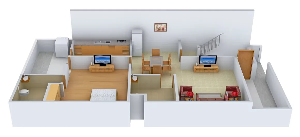 Supertech Holiday Village — A 3D floor plan rendering showing a living area, dining area, kitchen, bedroom, and bathroom.