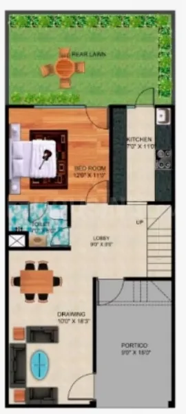 Shubh Villa — Floor plan rendering showing a portico, drawing room, lobby, toilet, bedroom, kitchen, and a rear lawn.