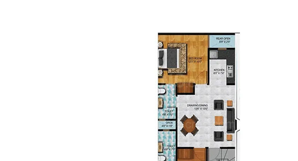 Shivi Ashok Gokul Villa — Floor plan rendering showing a bedroom, kitchen, drawing/dining area, and two toilets with dimensions.