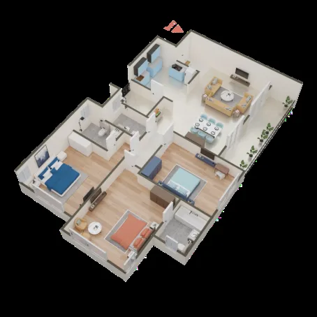 Shivi Grand Avenue Villa — Rendered 3D floor plan of a residential unit showing living, dining, kitchen, two bedrooms, and bathrooms.