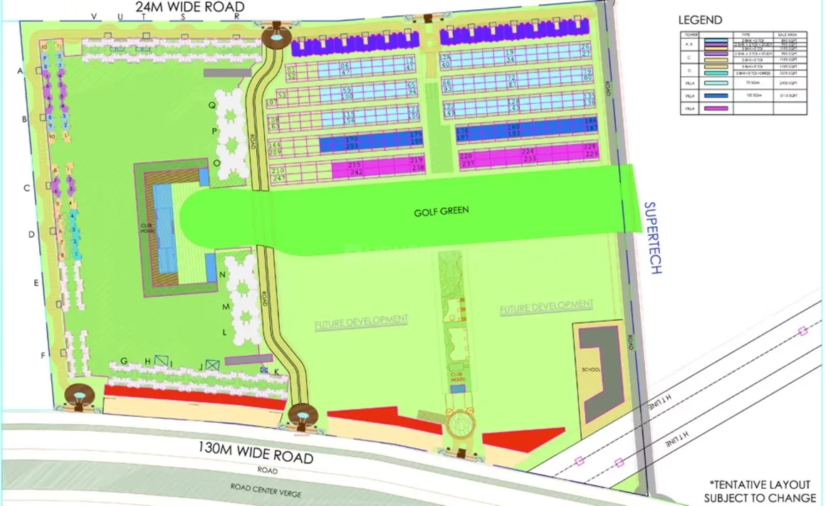 Ajnara Sports City Villas — Site plan showing the layout of the residential project, including plots, roads, golf green, and future development areas.