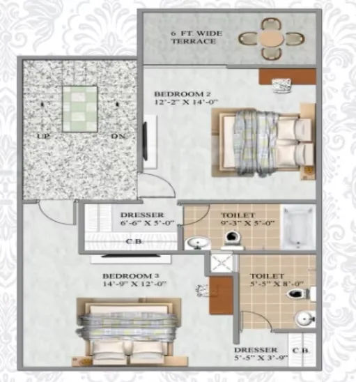 Shri Aroma Villas — Floor plan showing two bedrooms, two toilets, two dressers, and a 6-foot-wide terrace.