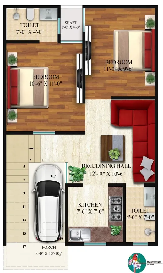 Shri Shyam Villa 2 — Floor plan rendering showing two bedrooms, two toilets, a shaft, porch, kitchen, and a dining hall.