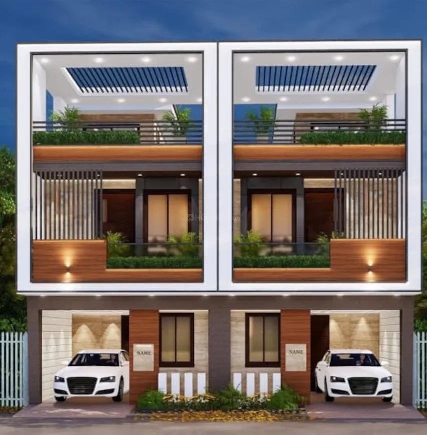 Rehouse Krishna Orchid Villa — Render of two modern residential villas with white, wooden, and grey facades, balconies with plants, and cars in garages