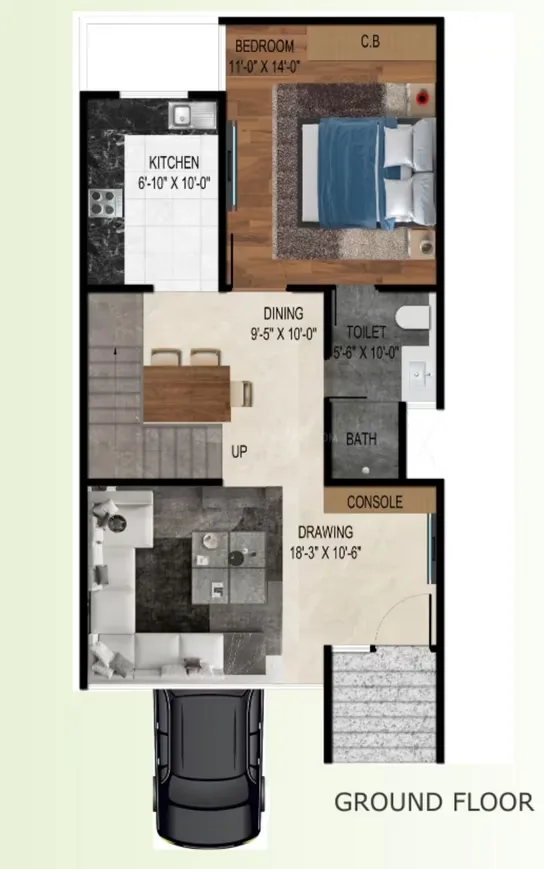 Real Homez Green Villa 2 — Ground floor plan of a villa showing living room, dining room, kitchen, toilet, bath, and a bedroom with dimensions.